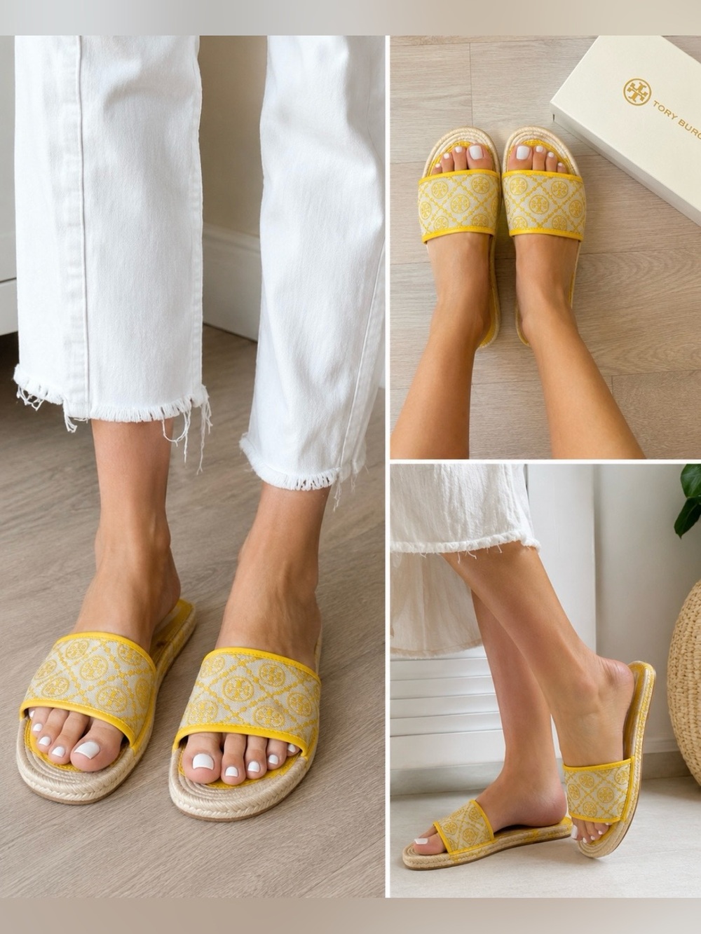 Tory Burch Espadrille Slide Sandals Yellow Monogram NWOB‎ Women’s US 11